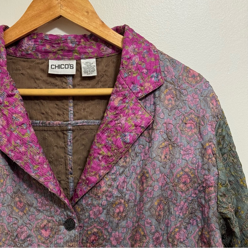 Chicos Size 3 Silk Blend Floral Jacket Blazer Boho‎ Grandma Fairy VTG